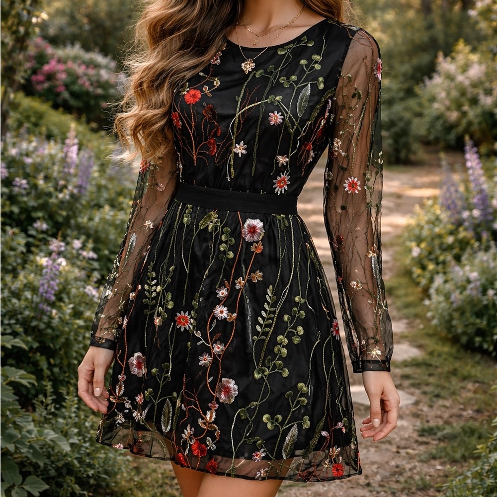 Floral Embroidered Black Dress